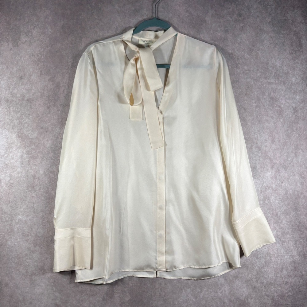 Rag & Bone Shirt Women 12 Antique White Florence Silk Bow Tie Long Sleeve NEW